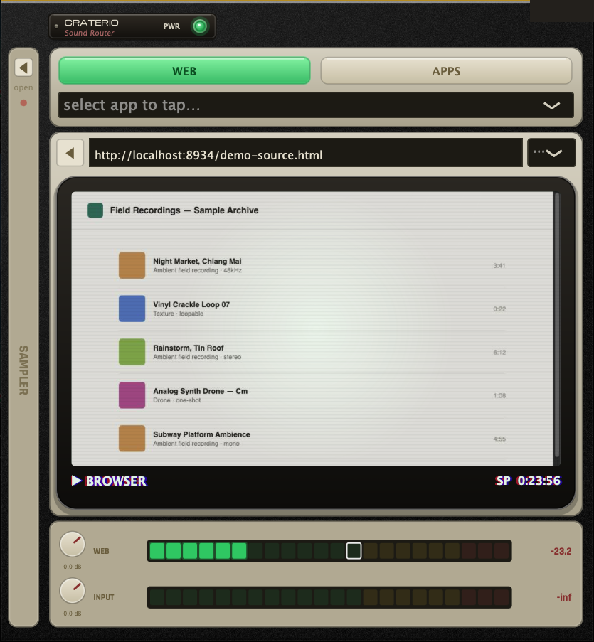 Craterio sound router — browser view